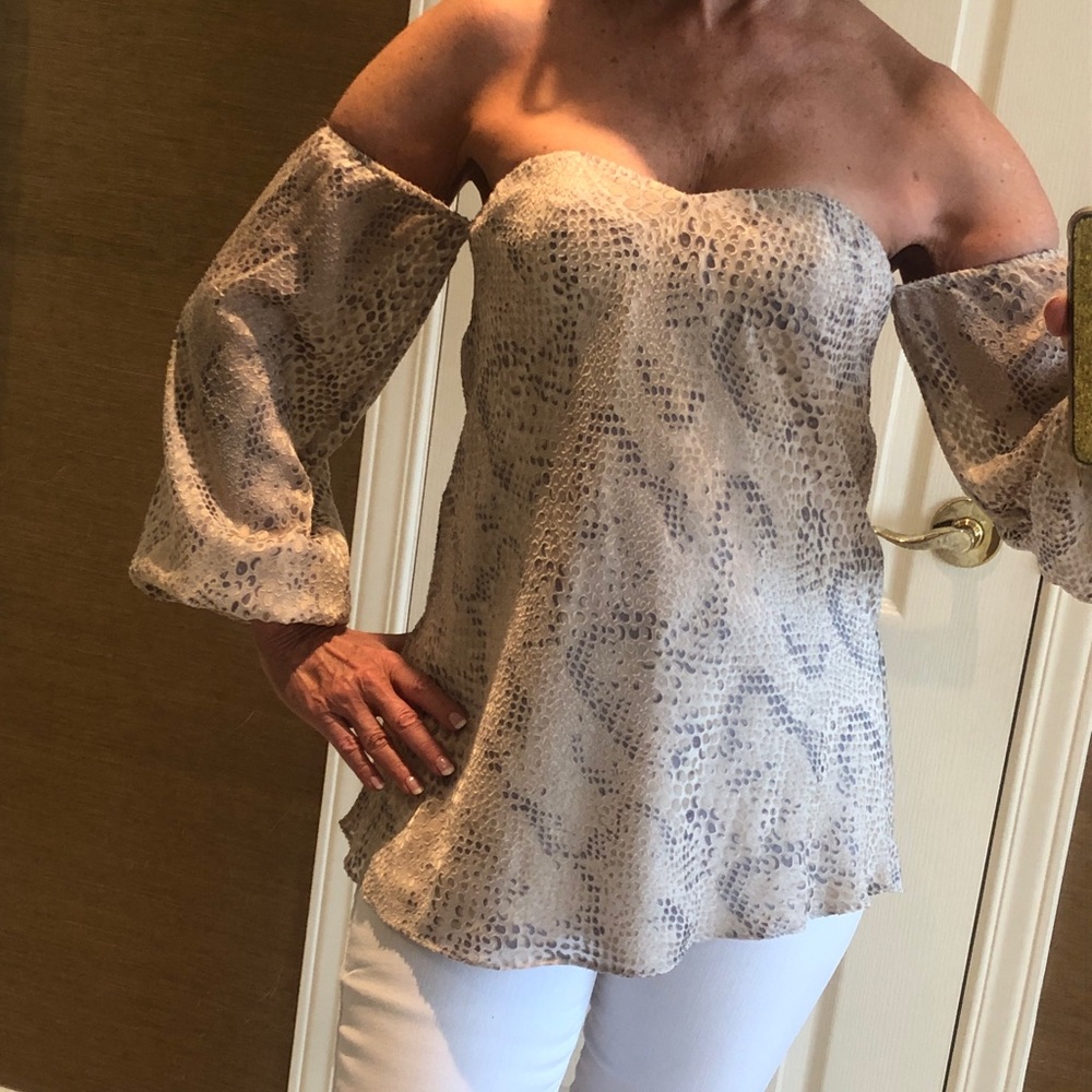 Haute Hippie off the shoulder long sleeve, snake skin fabric Blouse top.